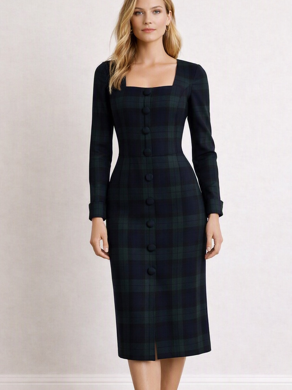 Vintage Plaid Square-Neck Long Sleeve Midi Dress in Dark Green and Navy